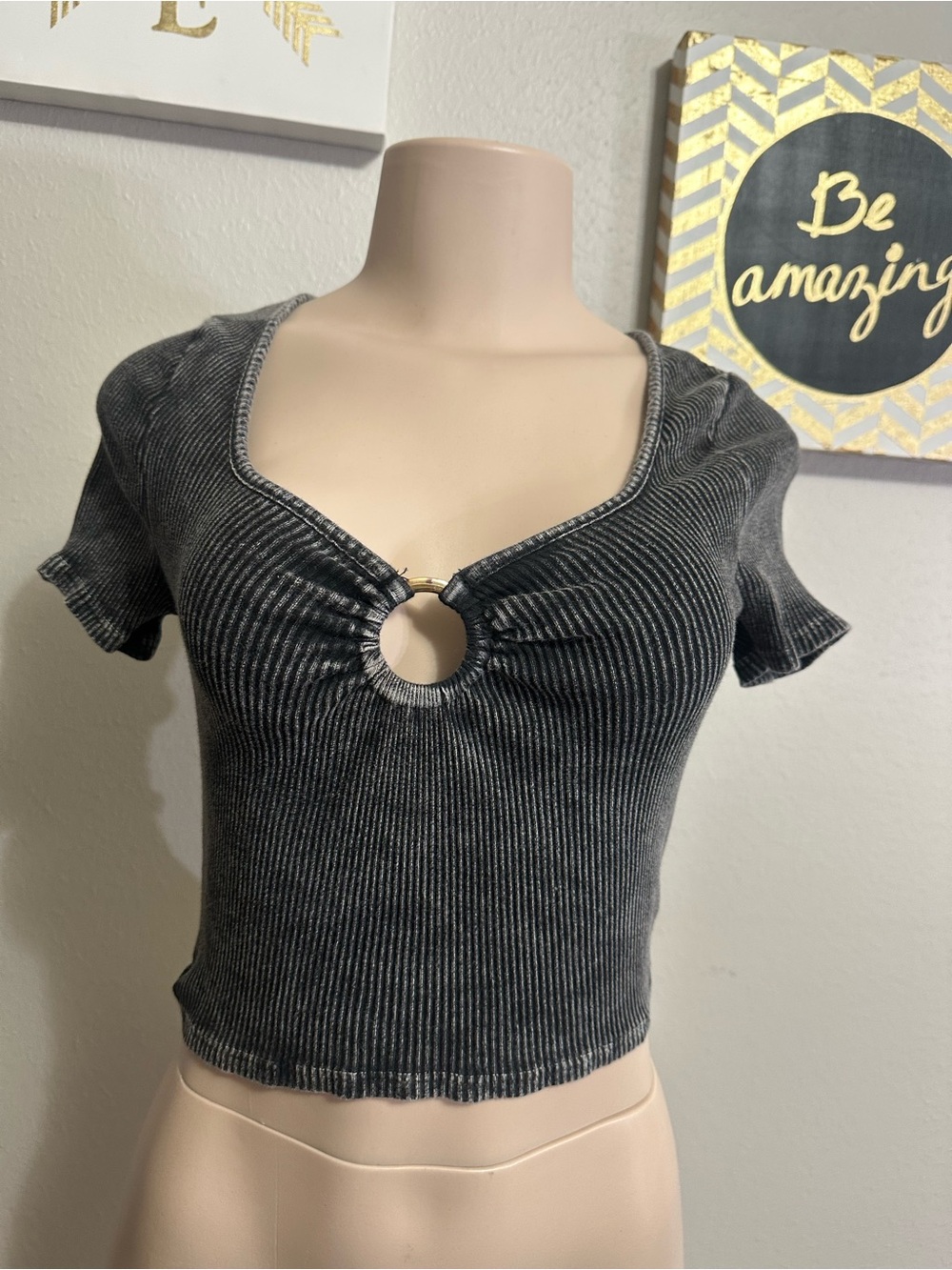 Women’s Ribbed Cropped Top with Front Ring Detail with matching skirt- Charcoal